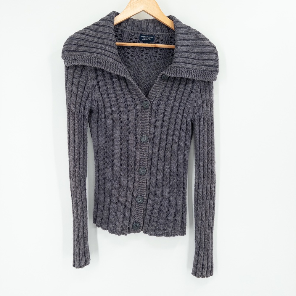Y2K American Eagle Cardigan‎ Sweater Womens M Gray Chunky Fitted Tight Preppy